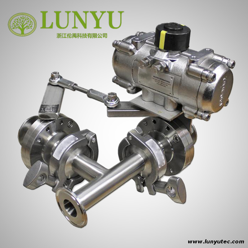 Stainless Steel Sanitary Pneumatic Double Butterfly Valve Tee Type 